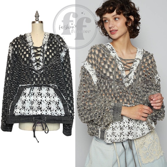 POL Black Laser Cut Openwork Crochet Lace Up Hoodie Top - Picture 2 of 6